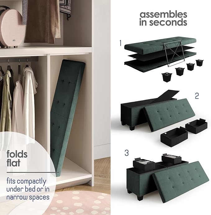 Storage Ottoman Bench with Bins, 43-in Storage Bench for Bedroom End of Bed, Folding Foot Rest Ottoman for Living Room Max 660lbs, Velvet Ottomans, Green
