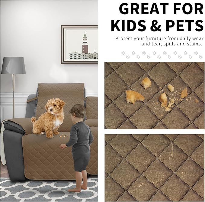 Easy-Going Loveseat Recliner Cover with Console, Reversible Couch Cover for Living Room, Split Sofa Cover for Each Seat with Elastic Straps for Kids, Dogs, Pets(2 Seater, Camel/Ivory)