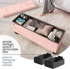 Storage Ottoman Bench with Bins, 43-in Storage Bench for Bedroom End of Bed, Folding Foot Rest Ottoman for Living Room Max 660lbs, Fabric Ottomans, Pink