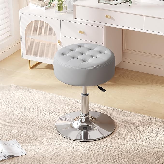 Furniliving Mid-Century Velvet Tufted Adjustable Swivel Makeup Ottoman Stool; Modern Big Size Round Vanity Stool Chair for Bedroom Living Room (LightGrey)