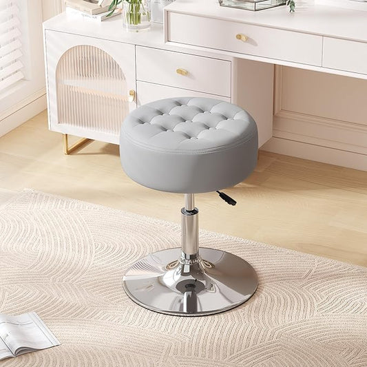 Furniliving Mid-Century Velvet Tufted Adjustable Swivel Makeup Ottoman Stool; Modern Big Size Round Vanity Stool Chair for Bedroom Living Room (LightGrey)
