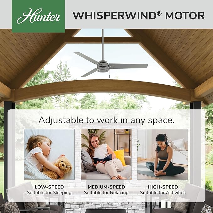 Hunter 52 inch Outdoor or Indoor Ceiling Fan No Light - Silver Ceiling Fan without Light, For Patio, Porch, Garage, or Living Room, Standard Mount, 3 Blades, Pull Chain - Cassius 59262, Matte Silver