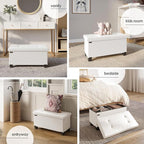 Storage Ottoman Bench with Bins, 30-in Storage Bench for Bedroom End of Bed, Folding Foot Rest Ottoman for Living Room Max 660lbs, Faux Leather Ottomans, Cream