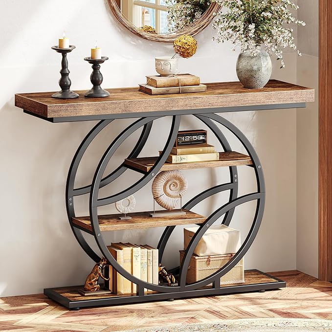 Huuger 41.3 Inch Entryway Table, Industrial Console Sofa Table with Storage, Accent Table with Shelves, for Entry, Hallway, Entrance, Foyer, O-Shaped Metal Frame, Rustic Brown