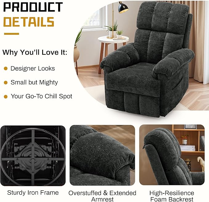 Recliner Chair, Swivel Rocker Recliner Chair for Adults, Small Recliners for Small Spaces, Upholstered Manual Recliner with Side Pockets, Nursery Rocking Chair for Living Room, Chenille, Black