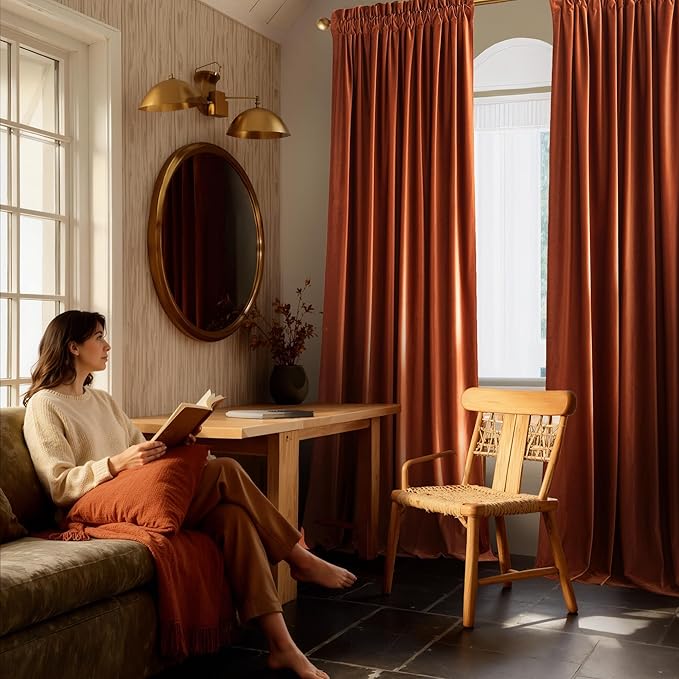 NICETOWN Orange Velvet Curtains 96 inch Long - Room Darkening Red Orange Rod Pocket Privacy Backdrops Drapes Soft Window Treatments for Bedroom and Living Room(2 Panels, 52" Wide)