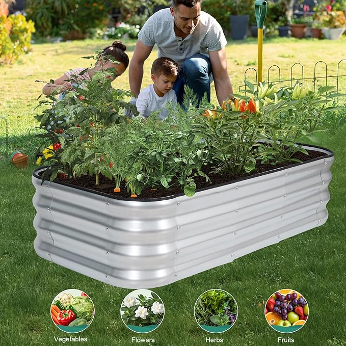3 in 1 Galvanized Raised Garden Bed - 4x2x1ft (2Packs) Modular Planter Box Outdoor | Metal Raised Bed Kit with Bracing Rods for Gardening Vegetables Flowers Fruits Herbs (Silver)