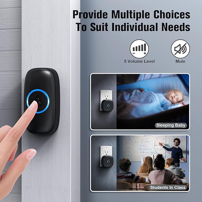 SECRUI Wireless Doorbell with 2 Buttons, Waterproof Mini Door Bell 1,000ft Range 110dB Mute Mode 58 Door Chimes & Colorful LED Flashing - Black