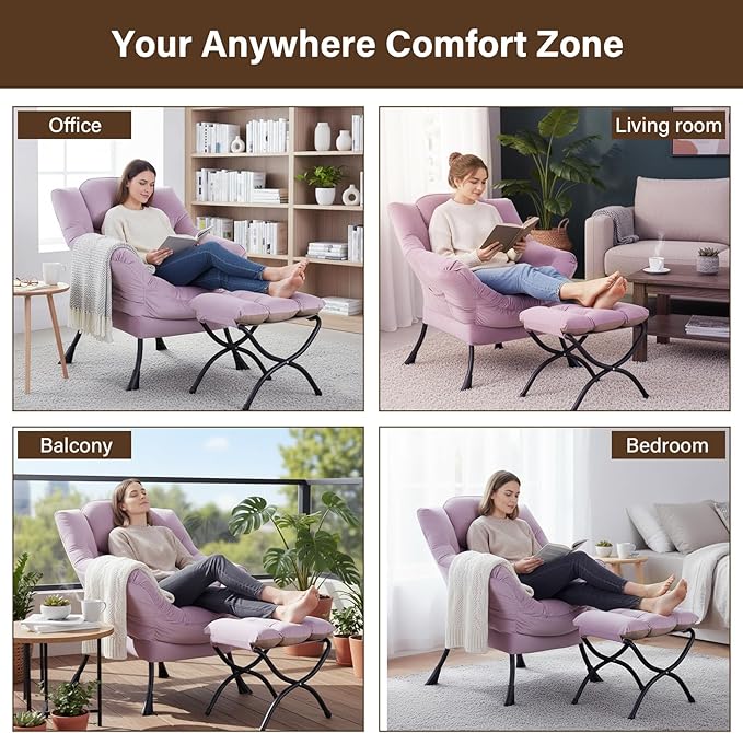 Welnow Lazy Chair with Ottoman, Modern Accent Chair with Armrests and a Side Pocket, Leisure Upholstered Sofa Armchair Set, Reading Armchair with Footrest for Small Space, Light Purple