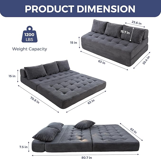 MAXYOYO Folding Sofa Couch, Convertible Floor Sleeper Couch with 2 Pillows, Tufted Floor Oversized Loveseat Couch Tufted Fold Out Chair Bed Comfy Sofa Lounge for Living Room Bedroom, Dark Grey
