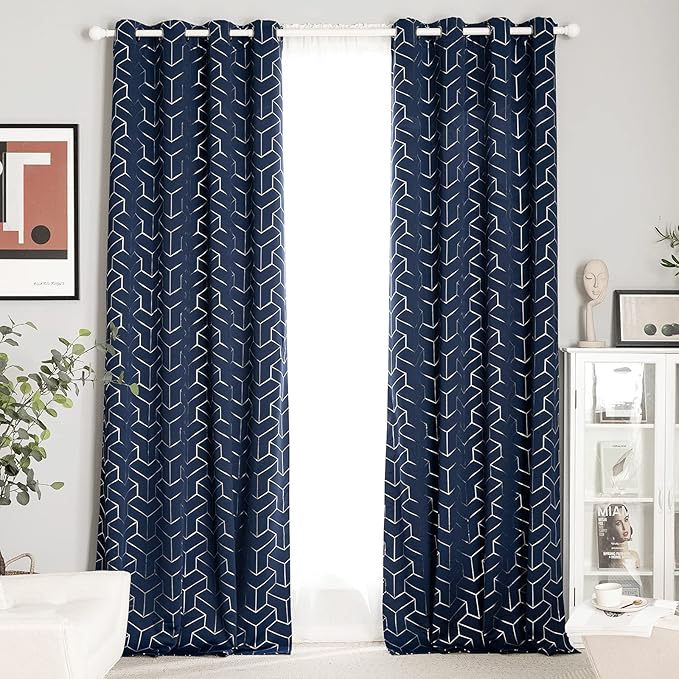 NICETOWN Blackout Curtain Panels 84 inches Long, Window Treatment Foil Printed Diamond Pattern Thermal Insulated Grommet Blackout Drapes for Living Room/Office/Guest Room(Navy, 1 Pair, 52 inches Wide)