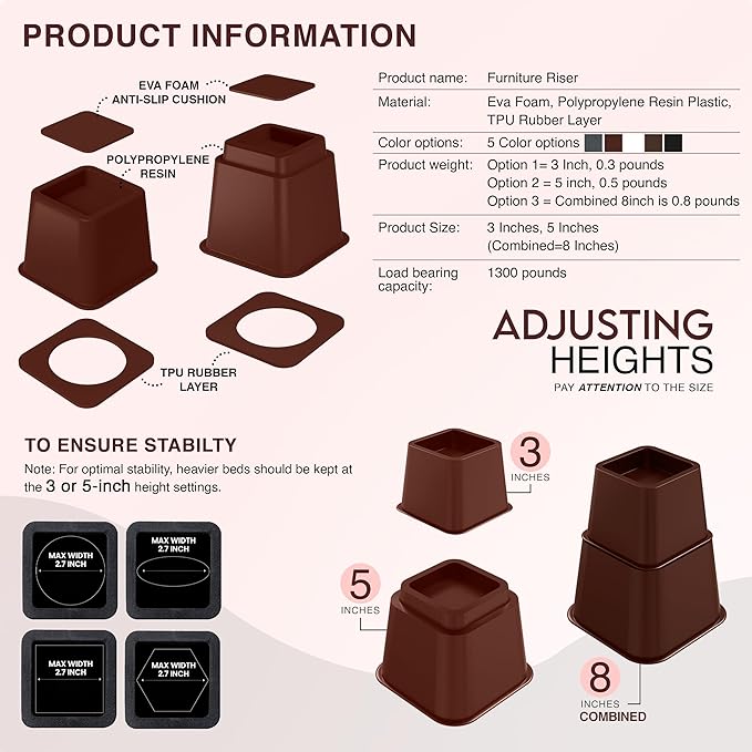 Utopia Bedding Bed Riser, 3 & 5 Inches Adjustable Furniture Risers for 8 Inch Combined Furniture Lift, Under Bed Storage & Dorm Room Essential, Supports Up to 1,300 lbs (4 Set, Reddish Brown)