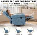 Recliner Chair, Swivel Rocker Recliner Chair for Adults, Small Recliners for Small Spaces, Manual Recliner Chair with Side Pockets, Nursery Rocking Chair for Living Room, Chenille, Airy Blue