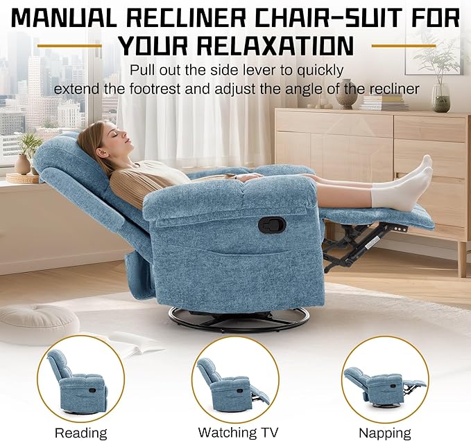 Recliner Chair, Swivel Rocker Recliner Chair for Adults, Small Recliners for Small Spaces, Manual Recliner Chair with Side Pockets, Nursery Rocking Chair for Living Room, Chenille, Airy Blue