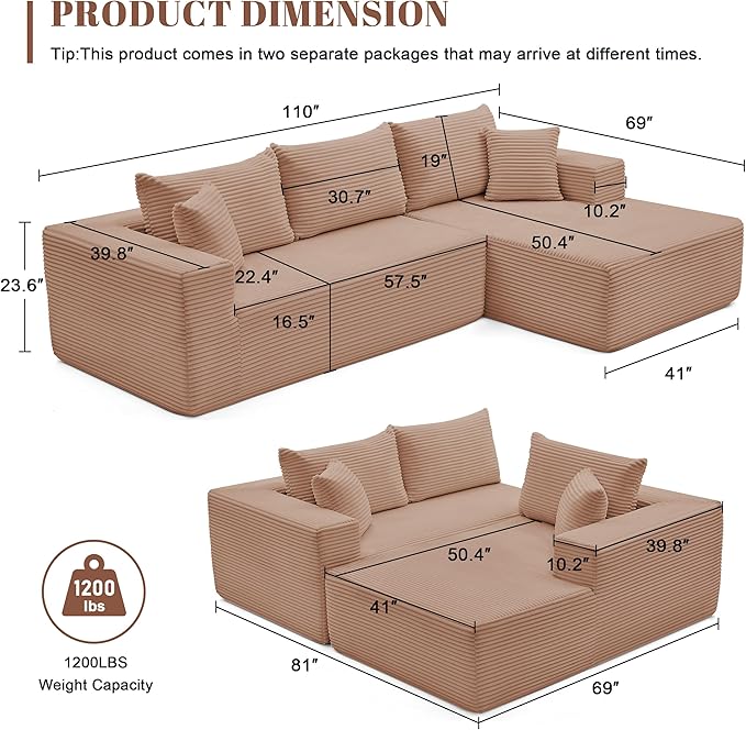 110” Cloud Sectional Couch, Boneless Sofa for Living Room, Modular Sectional Sofa with Deep Seat, Comfy Fluffy Couch with L-Shaped Chaise, No Assembly Required (Right-Facing Chaise, Camel)