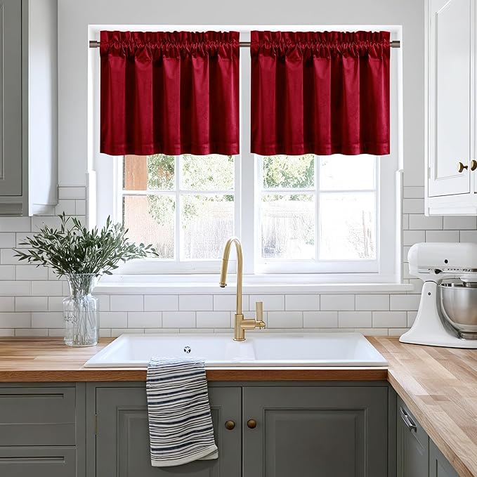 NICETOWN Red Velvet Valance Curtains for Windows 18 inch Length, Kitchen Window Treatment Room Darkening Girls Bedroom Decor, W52 x L18, 1 Panel
