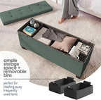 Storage Ottoman Bench with Bins, 43-in Storage Bench for Bedroom End of Bed, Folding Foot Rest Ottoman for Living Room Max 660lbs, Fabric Ottomans, Green