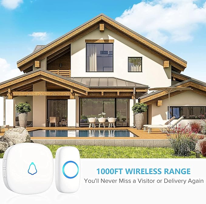 SECRUI Wireless Doorbell, Waterproof Door Bell Ringer Wireless 1000ft Range, 2 Remote Buttons Different Tones, 58 Chimes 5 Volume Levels LED Flash, Door Bells & Chimes for Home/Classroom/Office