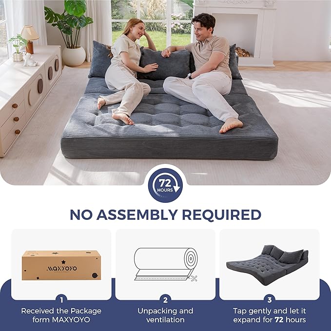 MAXYOYO Folding Sofa Couch, Convertible Floor Sleeper Couch with 2 Pillows, Tufted Floor Oversized Loveseat Couch Tufted Fold Out Chair Bed Comfy Sofa Lounge for Living Room Bedroom, Dark Grey