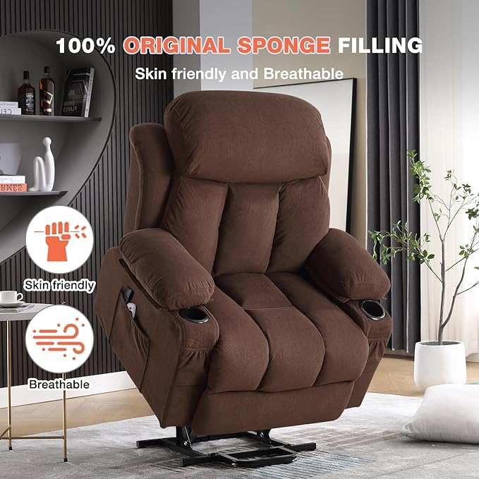Power Lift Recliner Chair for Elderly with Vibration Massage and Lumbar Heating, Electric Lift Recliner Single Sofa with Side Pocket, Two Cup Holders and USB Charge Port for Living Room