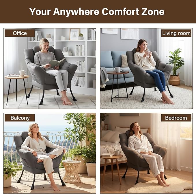 Welnow Lazy Chair for Living Room, Modern Reading Accent Chair with Armrests and a Side Pocket, Leisure Upholstered Lazy Sofa for Small Space, Bedroom, Dorm, Dark Grey
