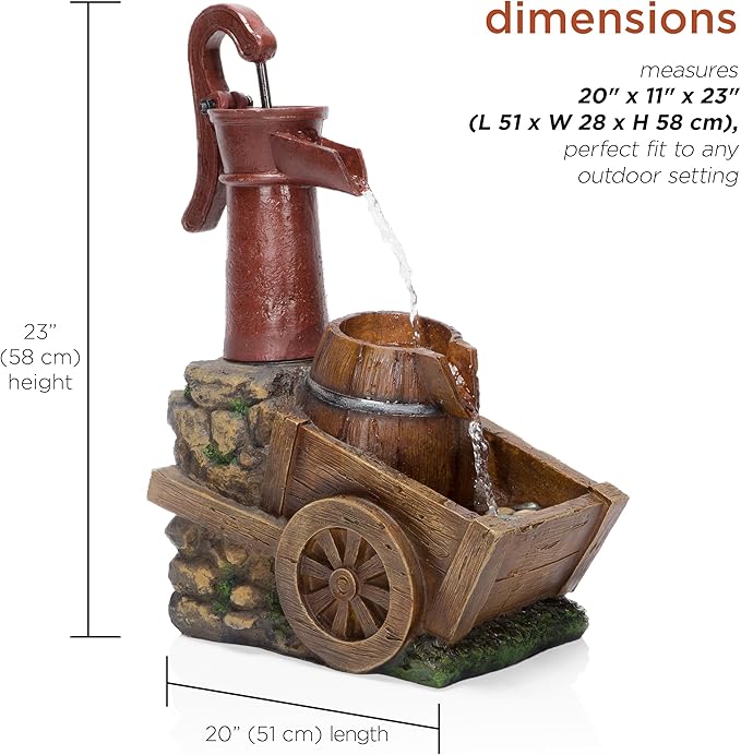 Alpine Corporation ZEN276S Outdoor Vintage Water Pump and Wheelbarrow Floor Fountain - Calming Water Flow, 23 Inch Tall, Brown