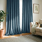 NICETOWN Pom Pom Slate Blue Velvet Curtains 96 Inch Long for Living Room and Bedroom – Room Darkening Drapes Sophisticated Soft Window Treatments, 52" W x 96" L, 2 Panels