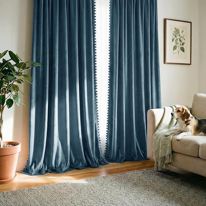 NICETOWN Pom Pom Slate Blue Velvet Curtains 96 Inch Long for Living Room and Bedroom – Room Darkening Drapes Sophisticated Soft Window Treatments, 52" W x 96" L, 2 Panels
