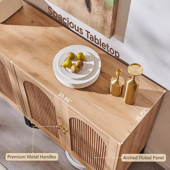 Modern Buffet Cabinet with Storage, 123.5" W Fluted Arched Sideboard Cabinet w/Adjustable Shelves, Wooden Modular Coffee Bar for Dining Room, Kitchen, Living Room, Entryway, Natural