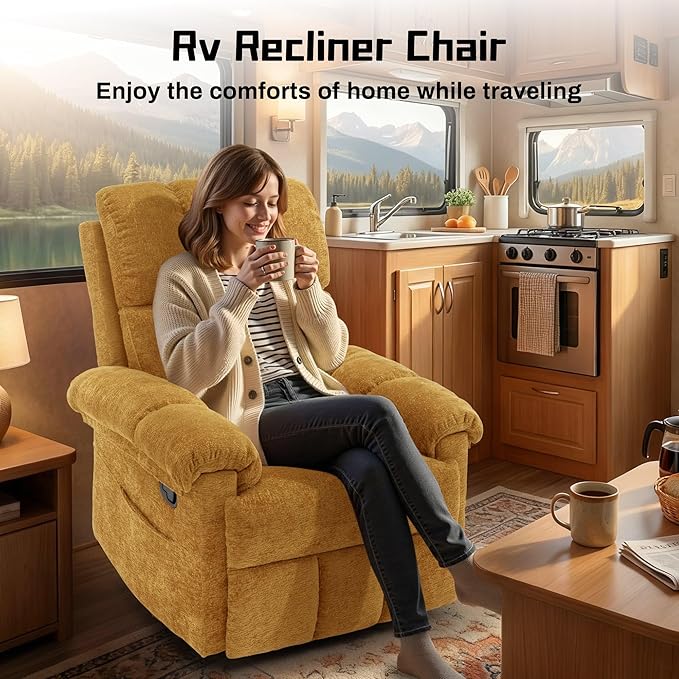 Recliner Chair, Swivel Rocker Recliner Chair for Adults, Small Recliners for Small Spaces, Upholstered Manual Recliner with Side Pockets, Nursery Rocking Chair for Living Room, Chenille, Yellow