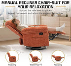 Recliner Chair, Swivel Rocker Recliner Chair for Adults, Small Recliners for Small Spaces, Manual Recliner with Side Pockets, Upholstered Nursery Rocking Chair for Living Room, Chenille, Orange