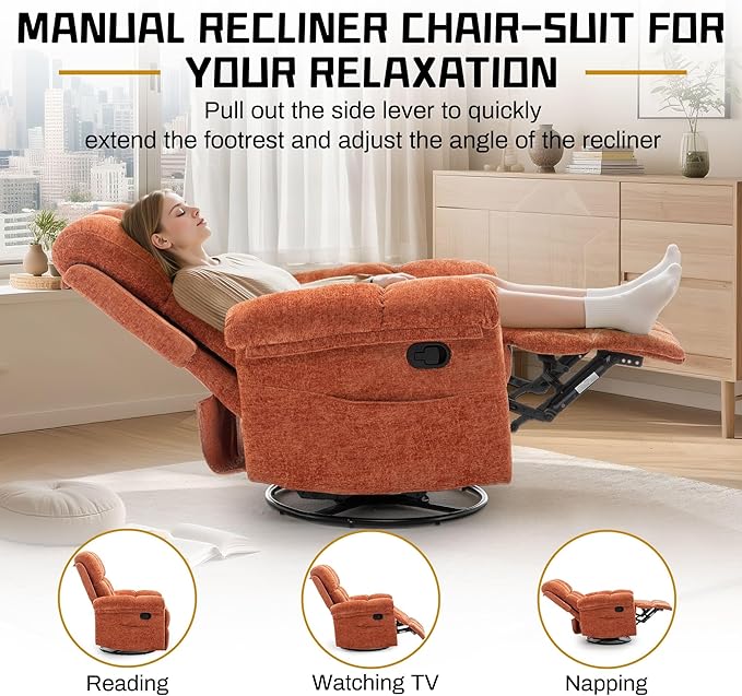 Recliner Chair, Swivel Rocker Recliner Chair for Adults, Small Recliners for Small Spaces, Manual Recliner with Side Pockets, Upholstered Nursery Rocking Chair for Living Room, Chenille, Orange