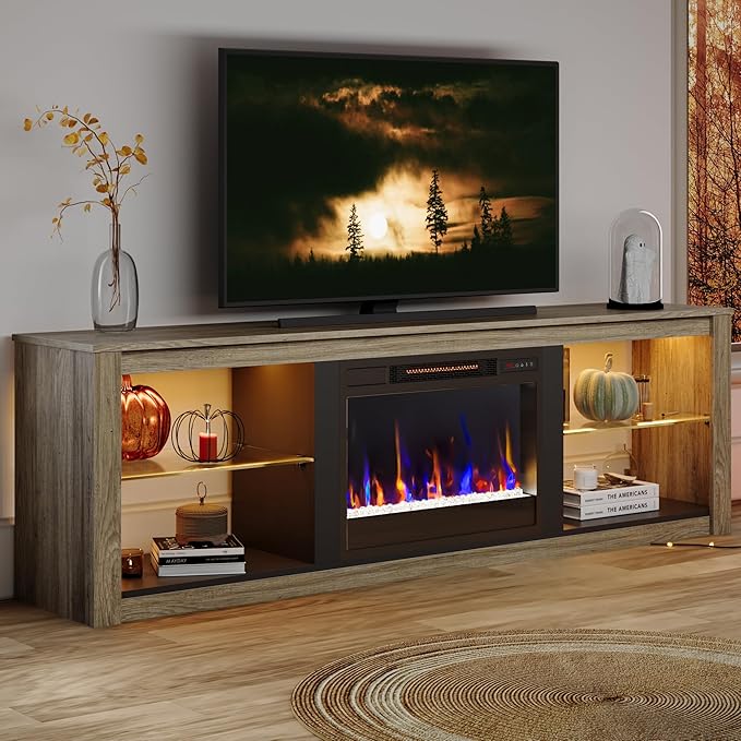 Bestier 70 Inch Fireplace TV Stand for TV up to 75", LED Entertainment Center with 23" Electric Fireplace Media Console Table for Living Room with Glass Shelves, Wash Gray