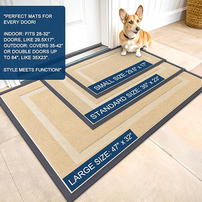 OLANLY Front Door Mat Indoor Outdoor Entrance, Waterproof All-Season, All-Weather Doormat, Sturdy Natural Rubber, Fade Resistant, Low Profile, Easy Clean Patio Porch Entryway Mat, 71x34, Beige