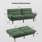 Pipishell Futon Sofa Bed, 66 Inch Corduroy Futon Couch Convertible with Adjustable Backrest and Armrests, Recliner Sleeper Sofa for Small Spaces, Living Room, Office, Guest Room (Green, 66 Inch)