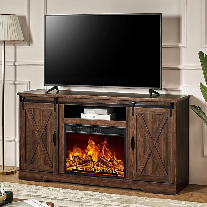 AMERLIFE Fireplace TV Stand with Sliding Barn Door for TVs up to 65", Farmhouse 59" Fireplace Entertainment Center with Storage Cabinets/Adjustable Shelves, Dark Walnut