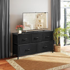 Dresser for Bedroom with 5 Drawers, Anti-Tip Wide Fabric Chests Storage Organizer Tower Furniture, TV Stand for TV up to 45 inch with Wooden Top Metal Frame for Clothes, Living Room, Hallway, Entryway