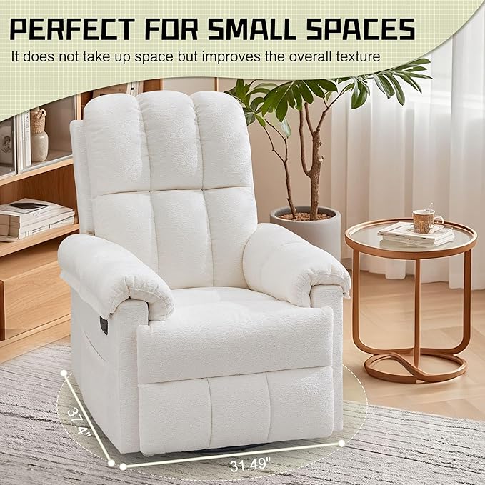 Recliner Chair, Swivel Rocker Recliner Chair for Adults, Small Recliners for Small Spaces, Upholstered Manual Recliner with Side Pockets, Nursery Rocking Chair for Living Room, Chenille, Beige