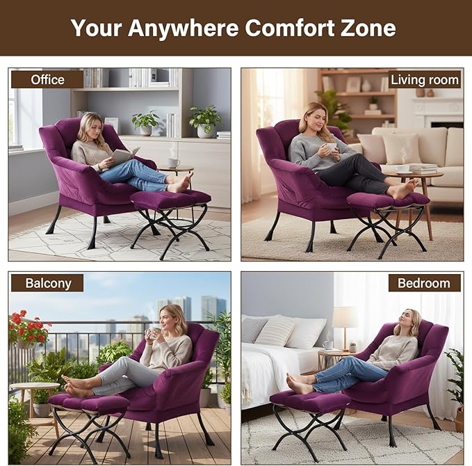 Welnow Lazy Chair with Ottoman, Modern Accent Chair with Armrests and a Side Pocket, Leisure Sofa Armchair Set, Reading Armchair with Footrest for Small Space, Dark Purple