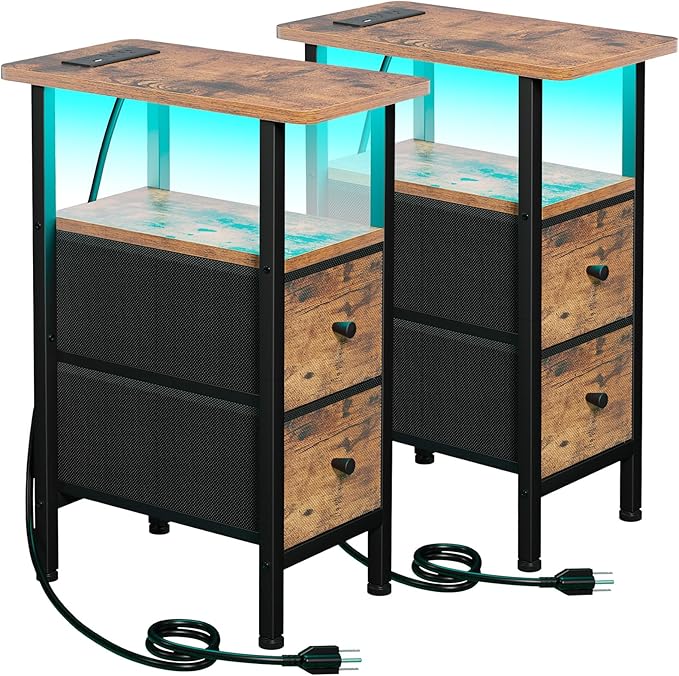 Narrow Nightstand with Charging Station, End Tables Living Room Set of 2, Skinny Side Table with Fabric Drawers, Small Sofa Table with LED Light for Bedroom, Brown, HETNDP02LBR