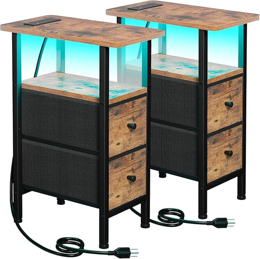 Narrow Nightstand with Charging Station, End Tables Living Room Set of 2, Skinny Side Table with Fabric Drawers, Small Sofa Table with LED Light for Bedroom, Brown, HETNDP02LBR