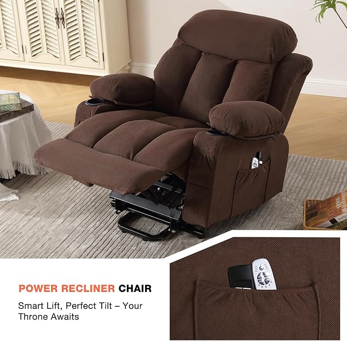 Power Lift Recliner Chair for Elderly with Vibration Massage and Lumbar Heating, Electric Lift Recliner Single Sofa with Side Pocket, Two Cup Holders and USB Charge Port for Living Room