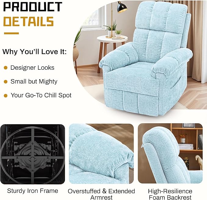 Recliner Chair, Swivel Rocker Recliner Chair for Adults, Small Recliners for Small Spaces, Manual Recliner with Side Pockets, Upholstered Nursery Rocking Chair for Living Room, Chenille, Blue