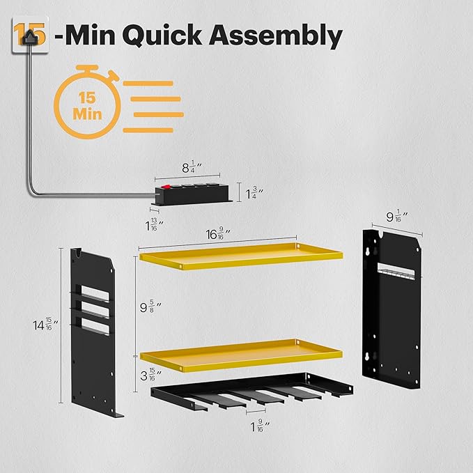 Power Tool Organizer Wall Mount with Charging Station, Tool Battery Holder with 4 Outlet Power Strip15 Min Assembly & Maximum 100lb Load by Heavy Duty Metal, 4 Slots for Cordless Drill