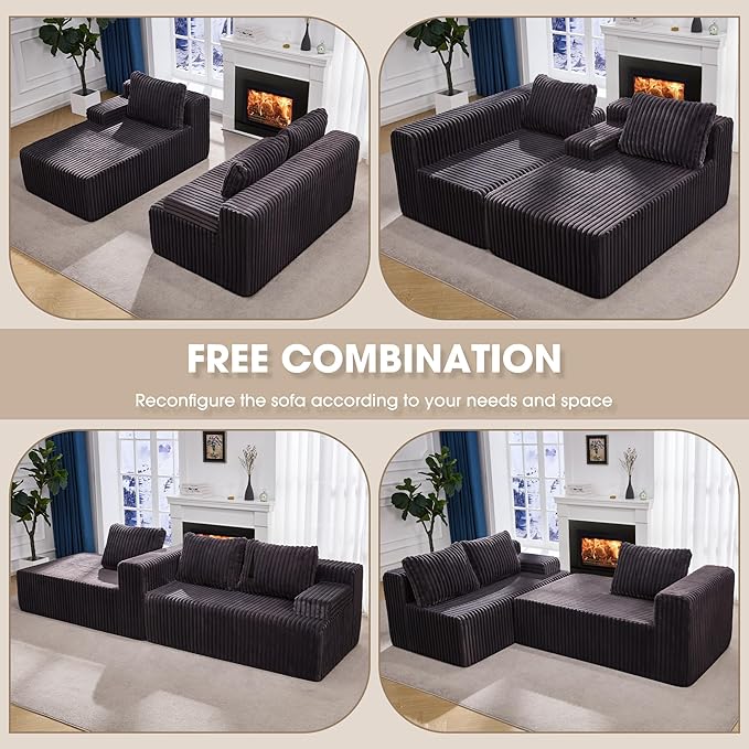 Modular Sectional Sofa Couches L-Shape Couch 3 Seat Modular Sofa Memory Foam Sectional Couches for Living Room, Cloud Couch with Oversized Chaise (Grey Stripe, 96" Left Facing Chaise)