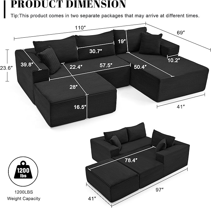110” Cloud Sectional Couch, Boneless Sofa for Living Room, Modular Sectional Sofa with Deep Seat, Comfy Fluffy U-Shaped Couch with Right-Facing Chaise, No Assembly Required, Black