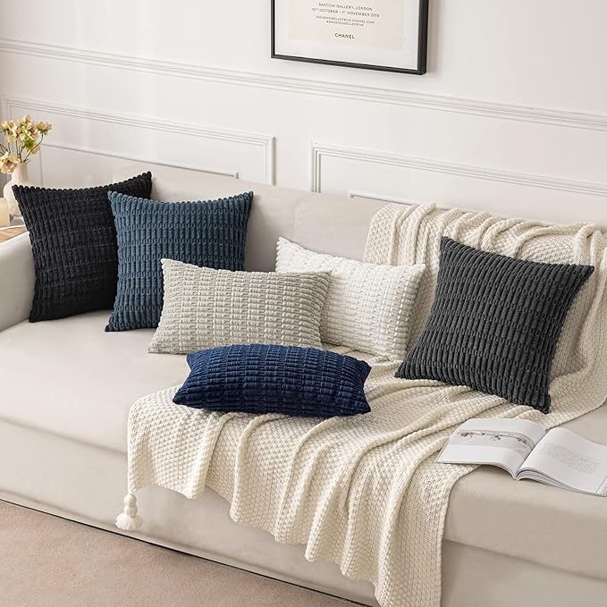 MIULEE Pack of 2 Corduroy Decorative Throw Pillow Covers 12x12 Inch Soft Boho Striped Pillow Covers Modern Farmhouse Home Decor for Summer Coastal Sofa Living Room Couch Bed Dark Blue