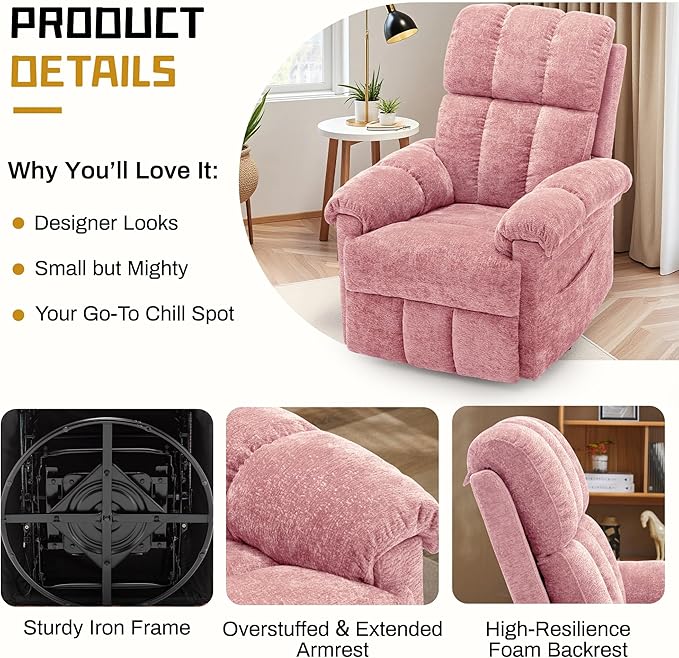 Recliner Chair, Swivel Rocker Recliner Chair for Adults, Small Recliners for Small Spaces, Manual Recliner Chair with Side Pockets, Nursery Rocking Chair for Living Room, Chenille, Rose Pink