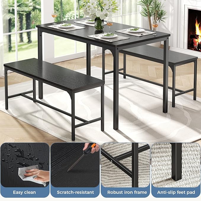 DUMOS Dining Table, Dining Table Set for 4 with Bench, Easy to Assemble Kitchen Table, Space-Saving Ideal 4-Person Set for Dining Room Kitchen Apartment Corner Black 3 Pack