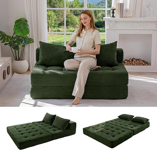 MAXYOYO Folding Sofa Couch, Convertible Floor Sleeper Couch with 2 Pillows, Tufted Floor Loveseat Couch Tufted Fold Out Chair Bed Comfy Sofa Lounge for Living Room Bedroom, Dark Green